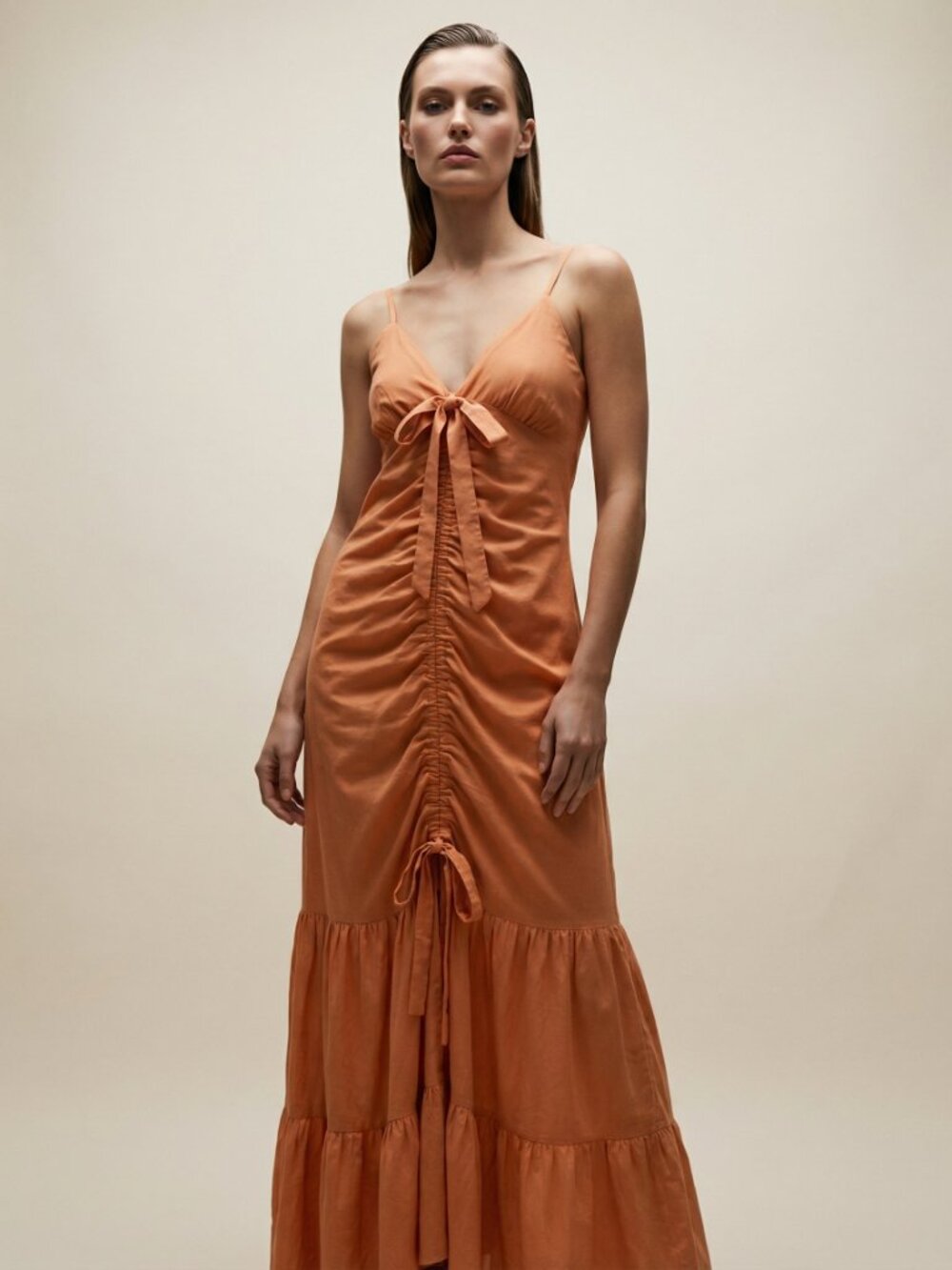 Chic Ruched Maxi Dress in Peach